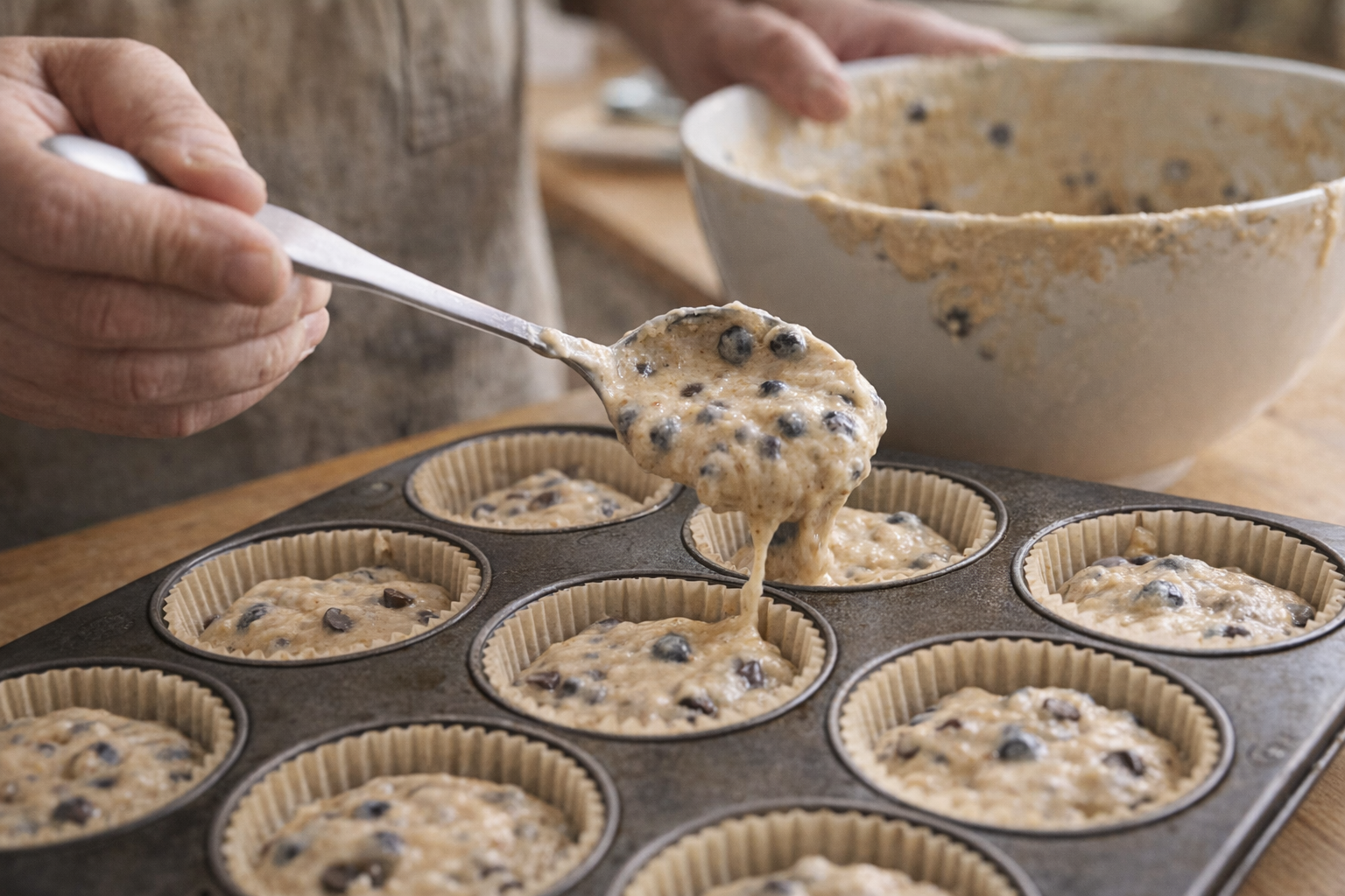 A close-up shot of muffin batter being carefully scooped into paper-lined muffin tins. The batter has visible blueberries or chocolate chips.
